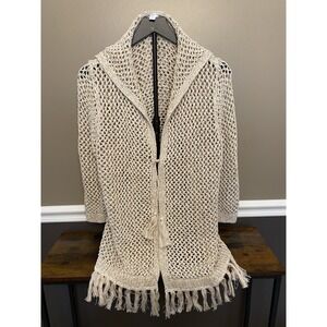 J. Jill Women's Size Medium Fringe Hem Hooded Crotchet Cardigan Tassel Tie